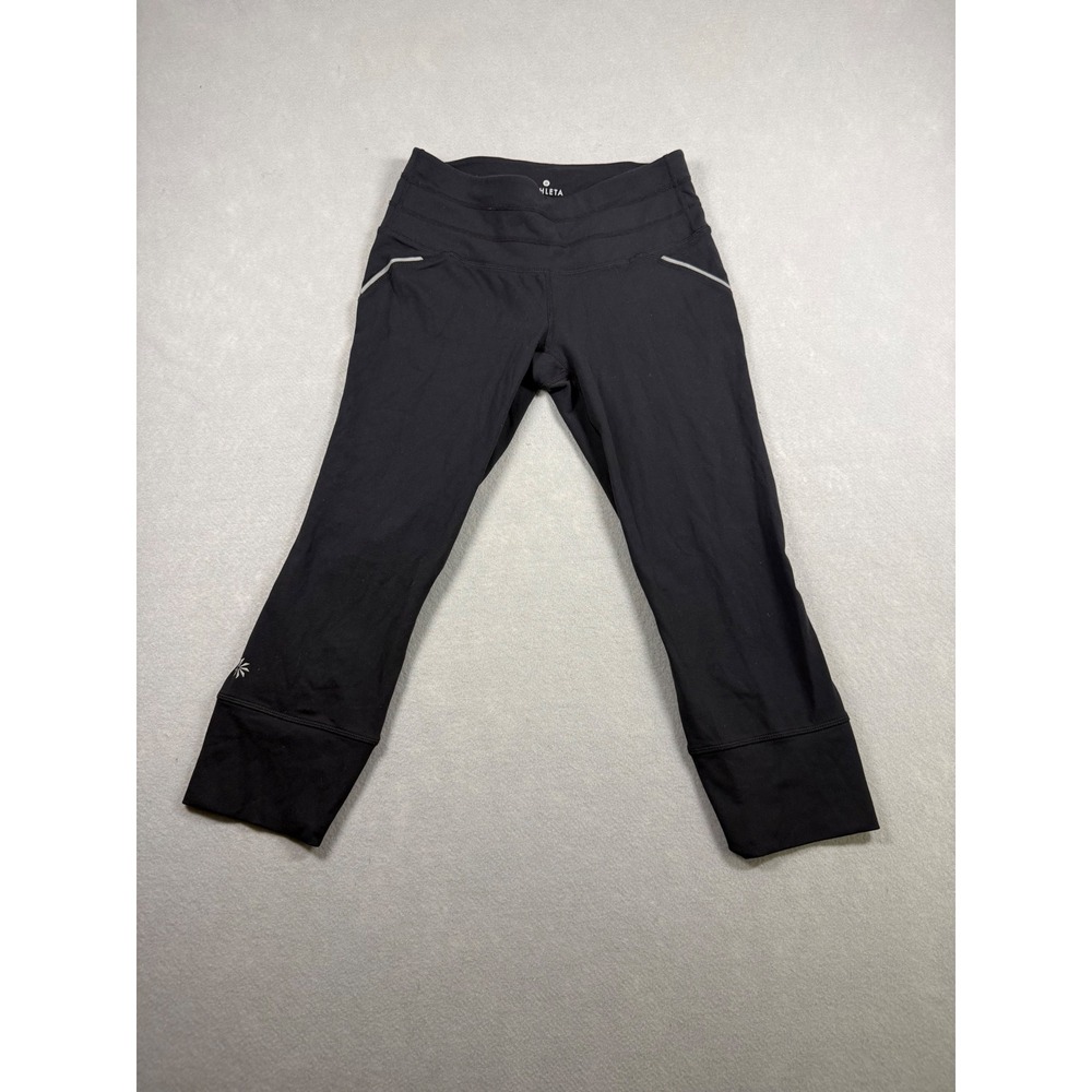 Athleta Womens Black Cropped Running Leggings Mesh Back Zip Pocket XS